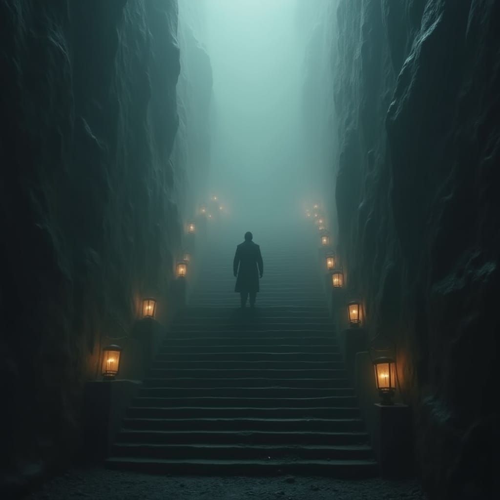 Figure Contemplates Descent into Dark, Misty Staircase