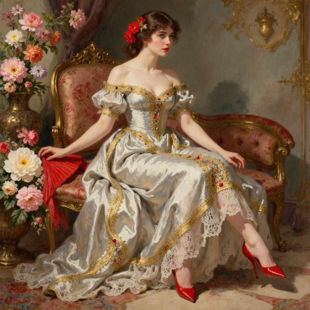 <lora:SeedreamArtcafe:1.0> An image depicts a woman in a dramatic, elegant pose, wearing a  silver and gold  dress with lace trim and red he...