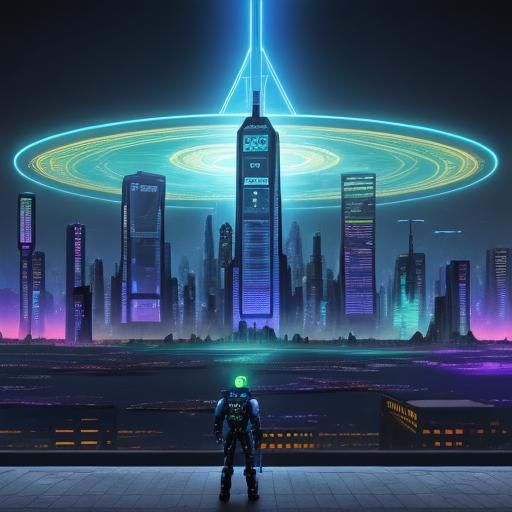 Digital art in Cybernetic style of a city where humans and r...