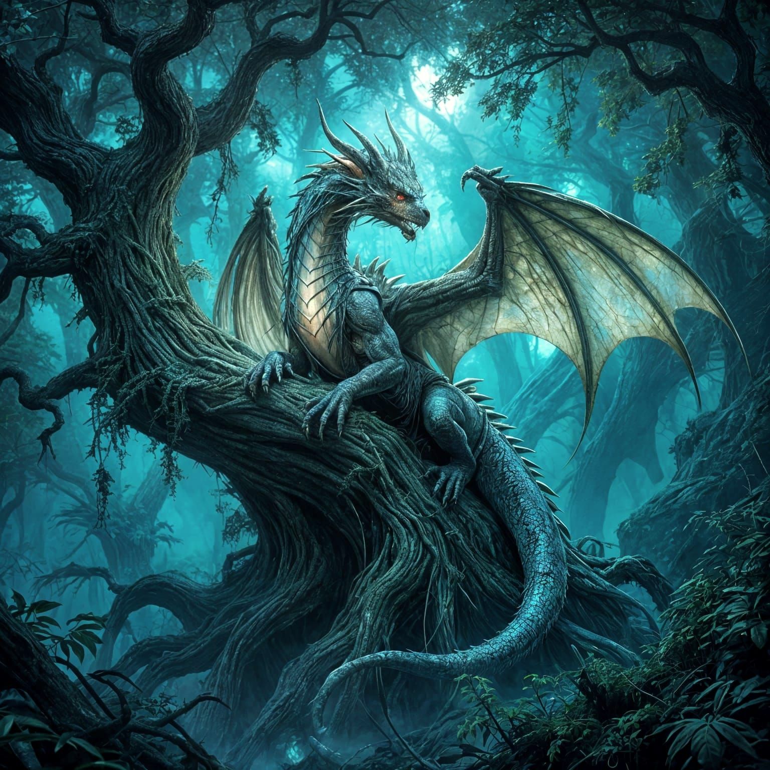 A majestic dragon, scales shimmering with an iridescent, otherworldly glow, perches atop a colossal, ...  by @Steven 