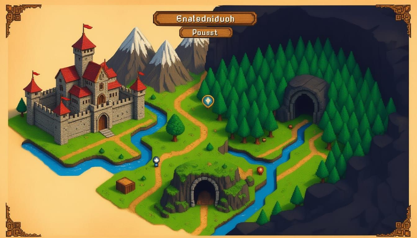 2D top-down fantasy world map, retro pixel art RPG style. Three main locations arranged together: a medieval walled city on the left, a dens...