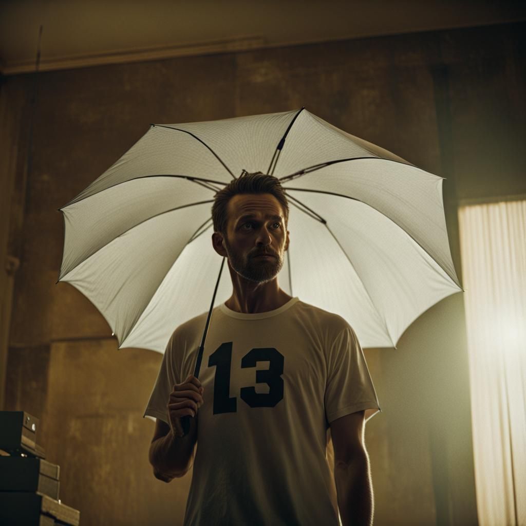 a man wearing a tee shirt with the number "13" on it holding...