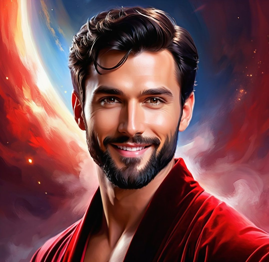 Immanuel, a handsome  black-bearded man   wearing a    red  ...