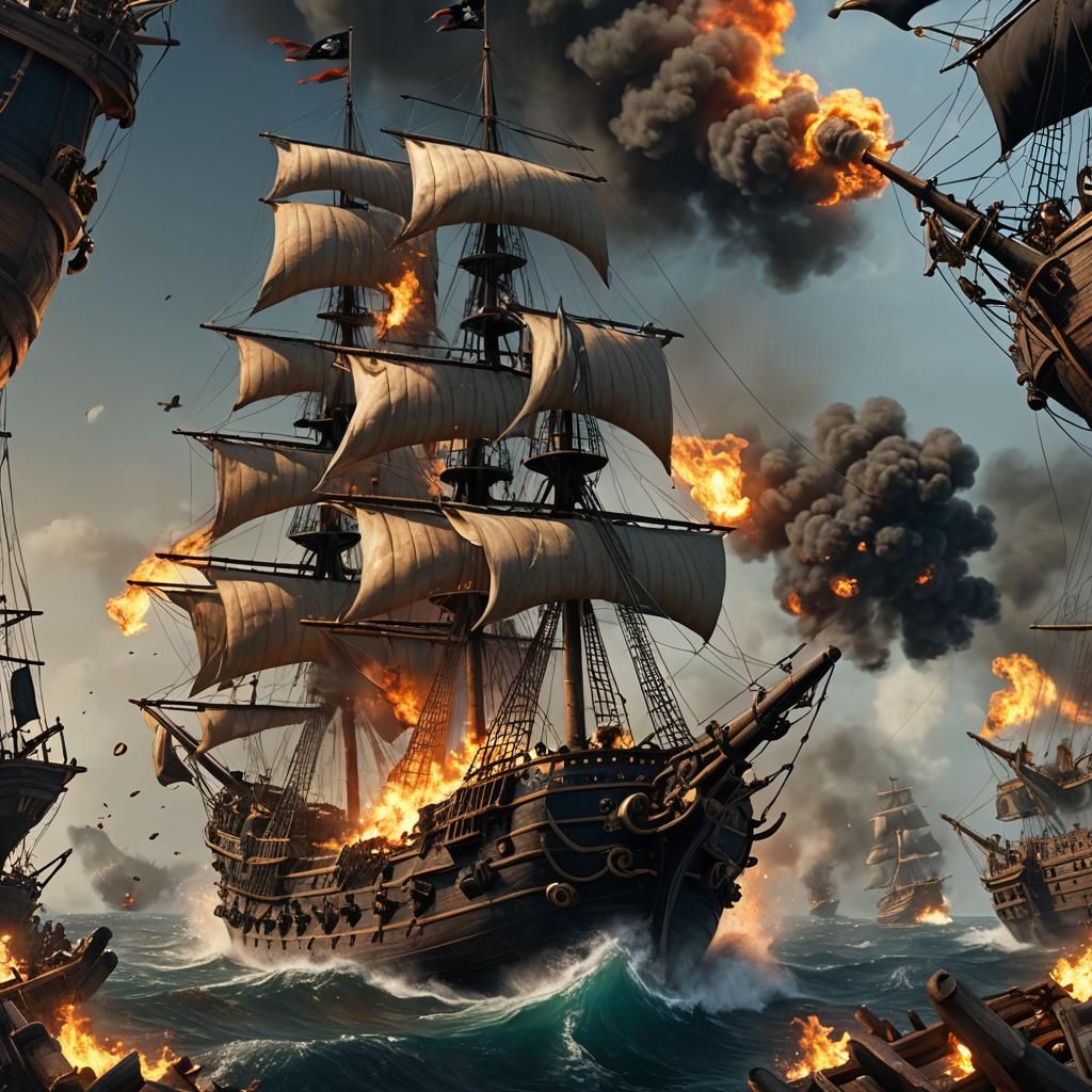 Pirate Ships Battle in a Sea of Fire