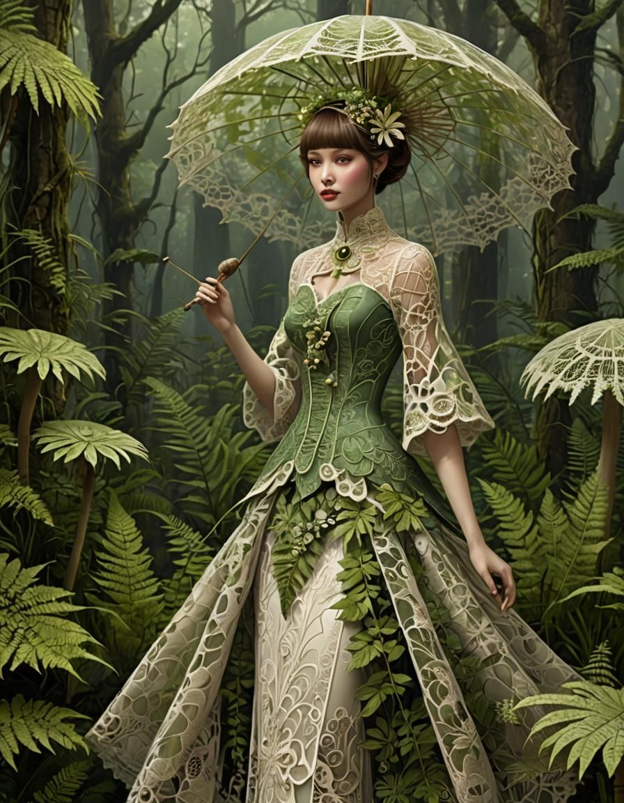"Fractal Exotic elegance" lace, mushroom, ferns, dress lady, parasol, glade  by @Nathan Bundick