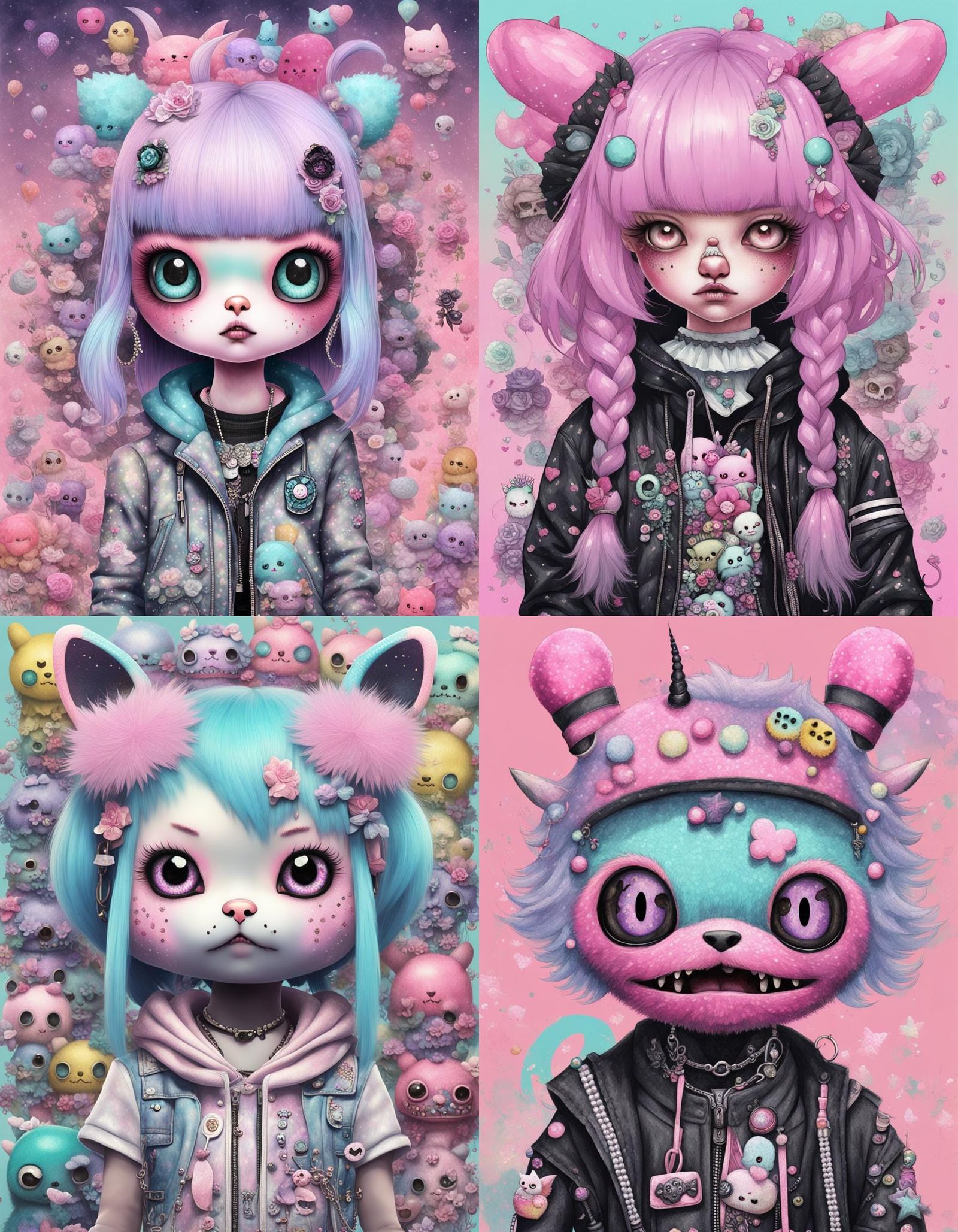 Portrait of a cute sanrio monster in pastel goth clothing, m...