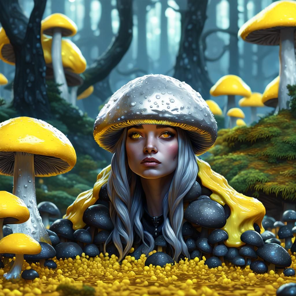 ((Brilliant Yellow slime) (Sitting in forest of (black and s...