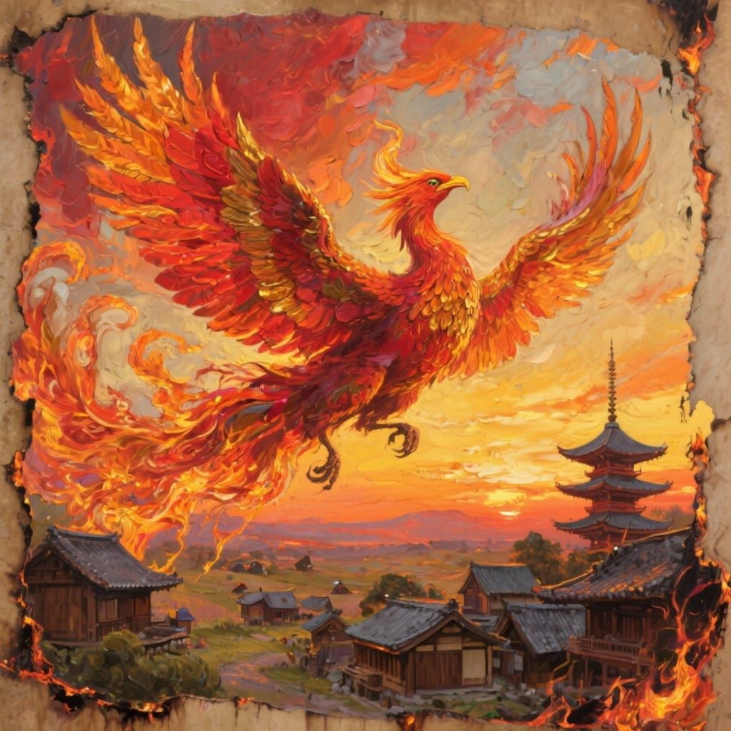 Phoenix Soaring Through Sunset Skies as Impasto