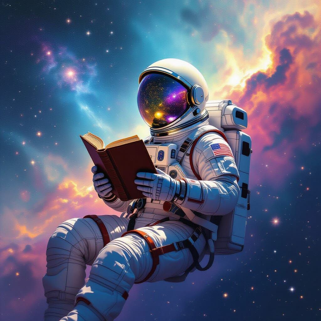 Astronaut Reading in Iridescent Nebula