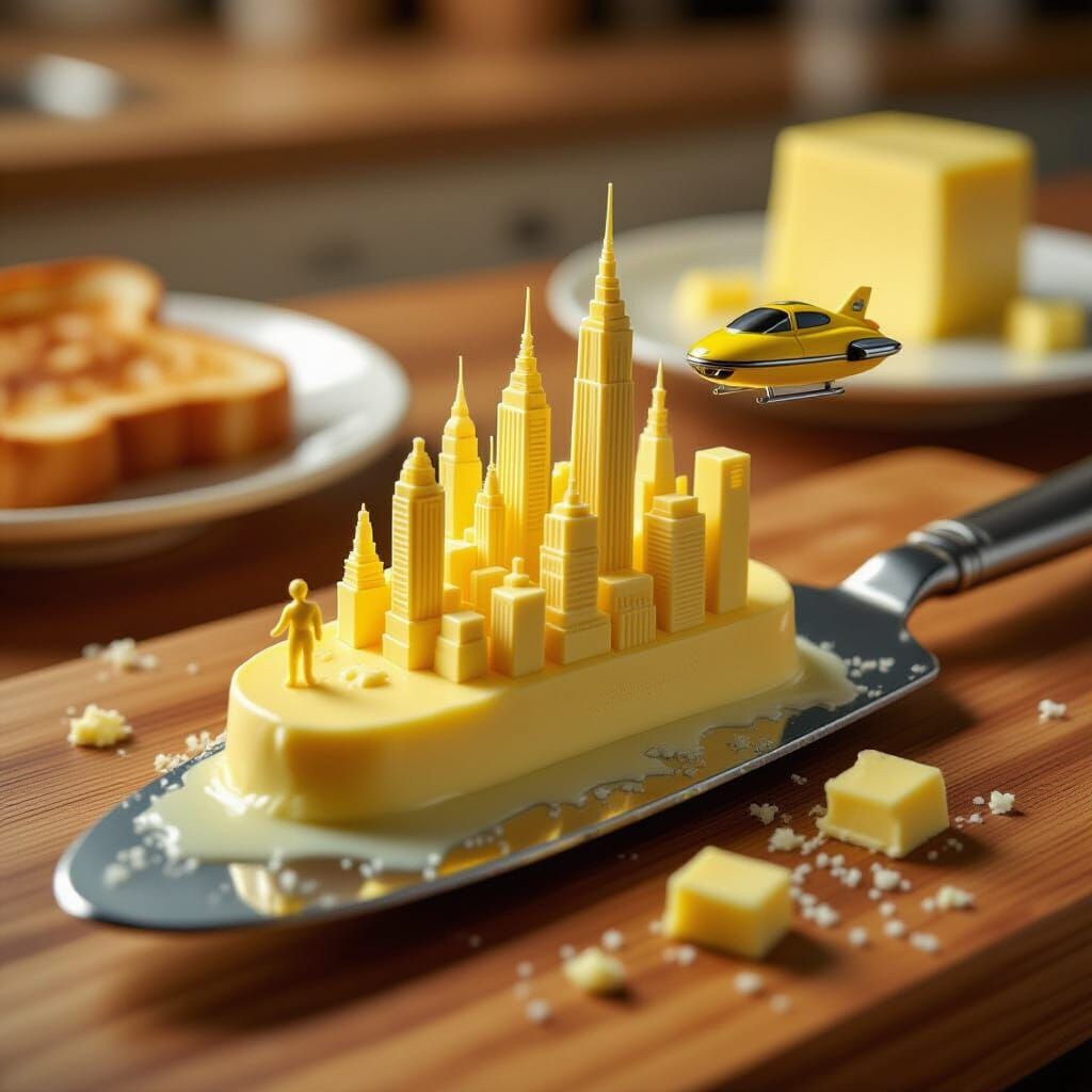 A tiny butter sculpture of a futuristic city   by @Oksana