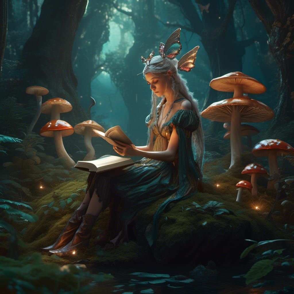 Ethereal Fairy Reading Book on Mushroom