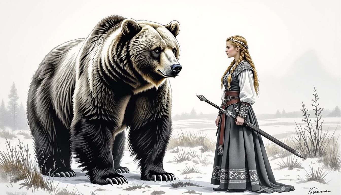 Young Viking Woman Faces Giant Bear in Charcoal Drawing
