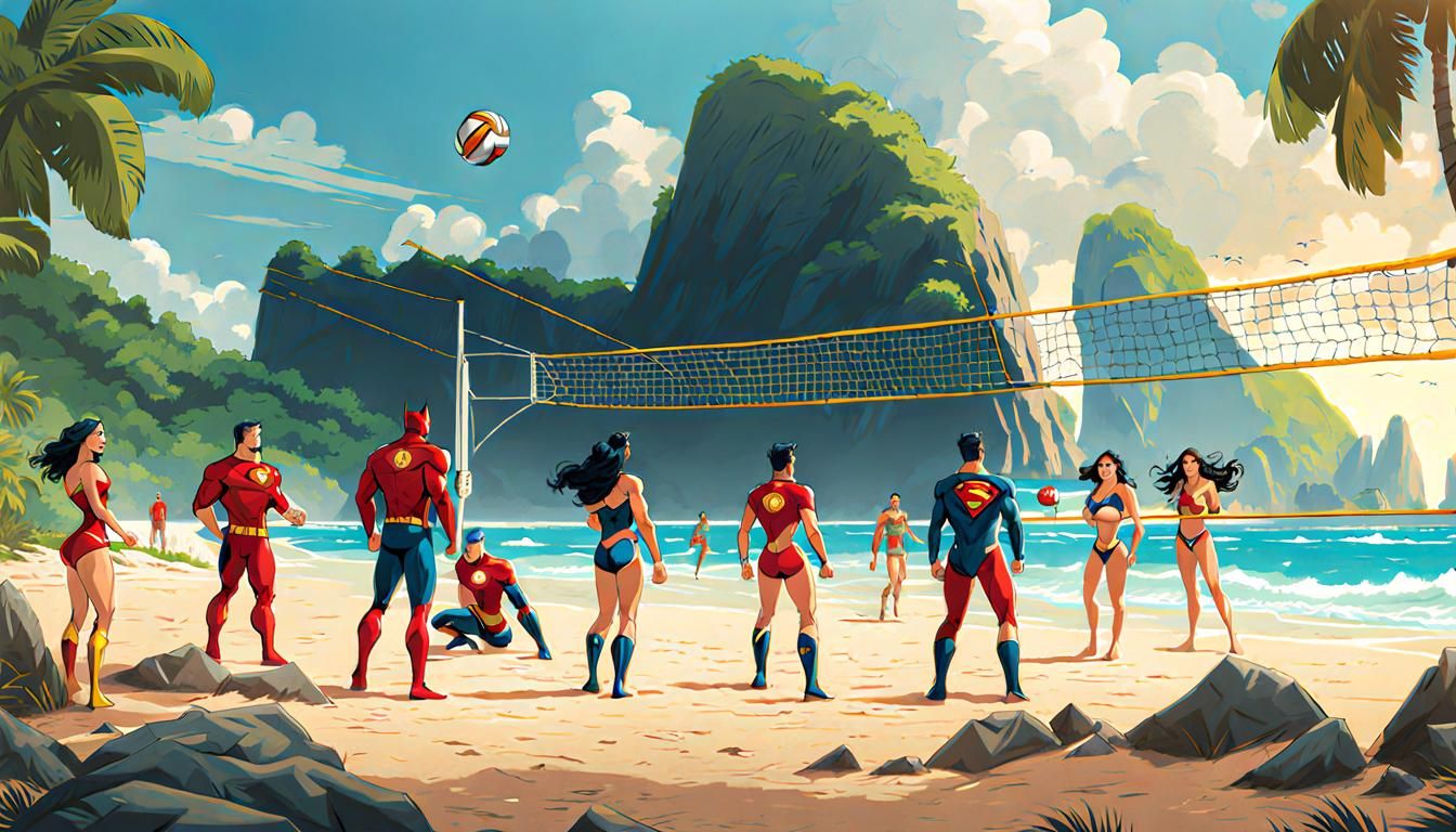 Justice League  playing volleyball.  by @Desertphoenix