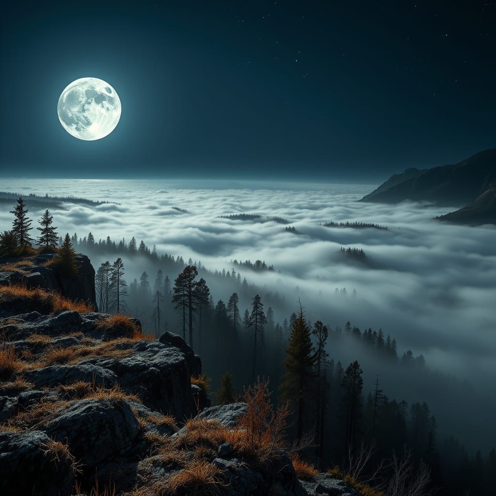Foggy forest under moon light   by @Diarra