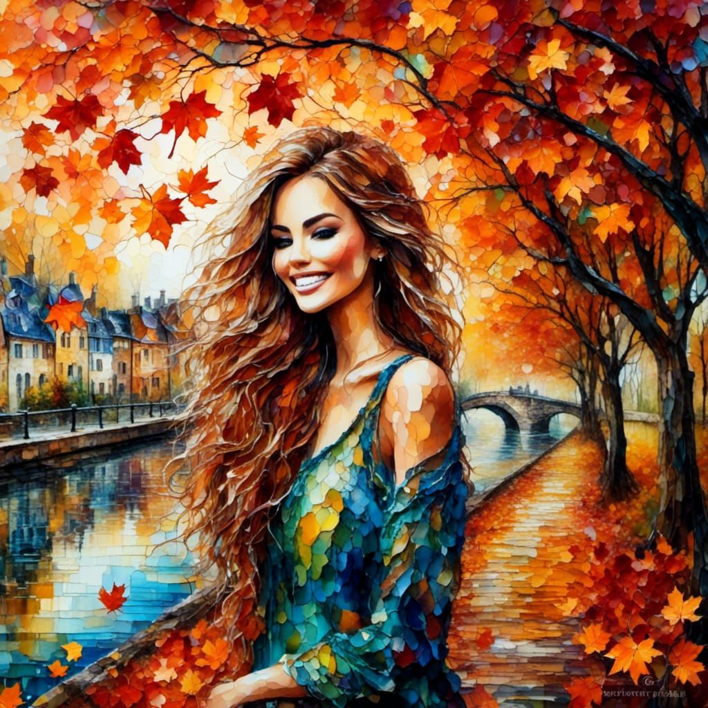 Beautiful Woman in Autumnal Oil Painting Landscape