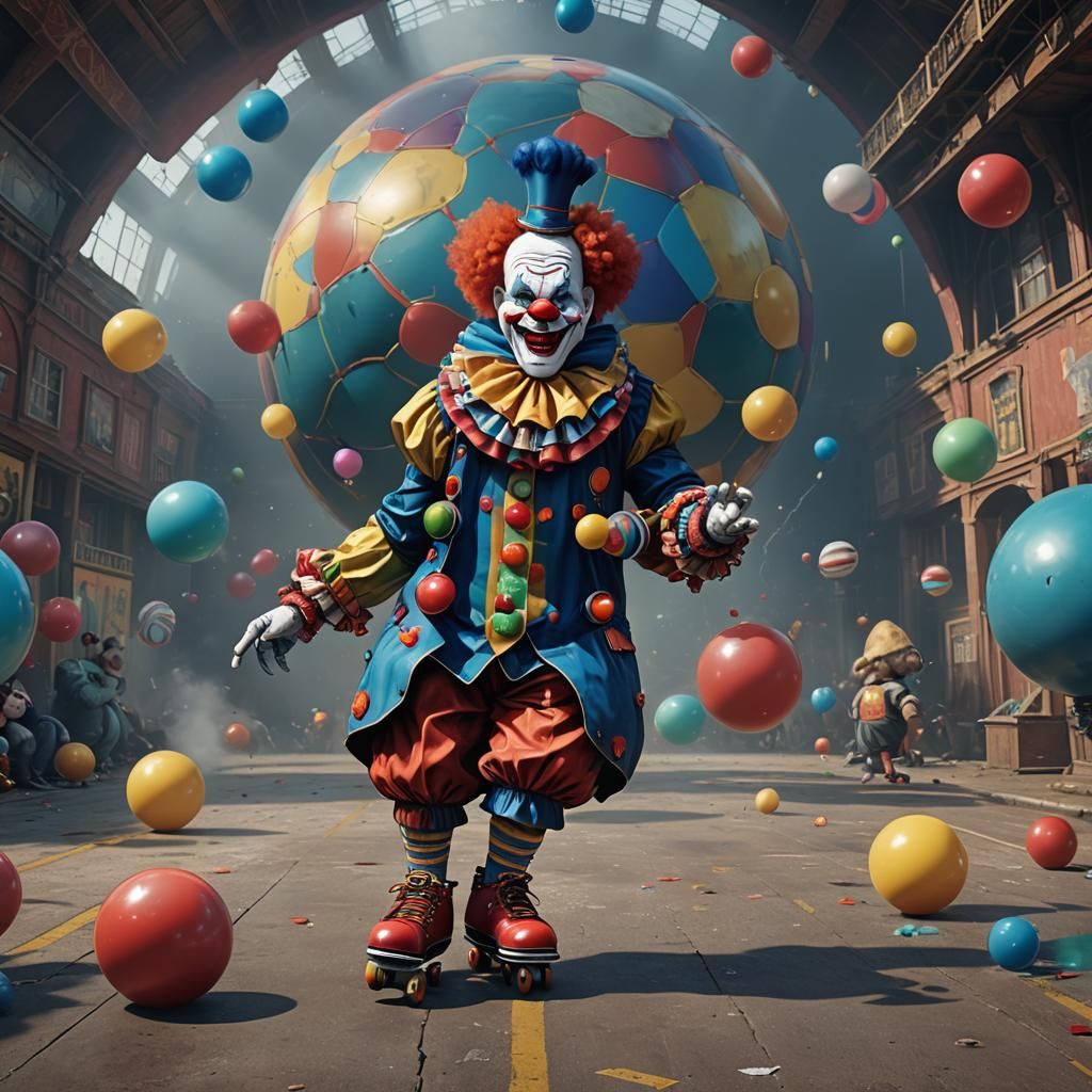 Big fat clown with roller skates on a very large ball