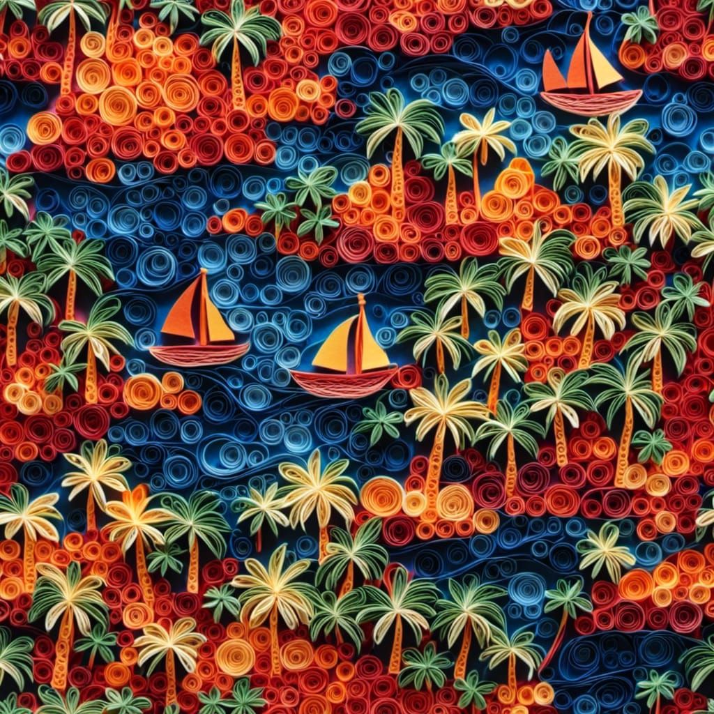 A sunset over a tropical island <lora:Quilling:1.0> 