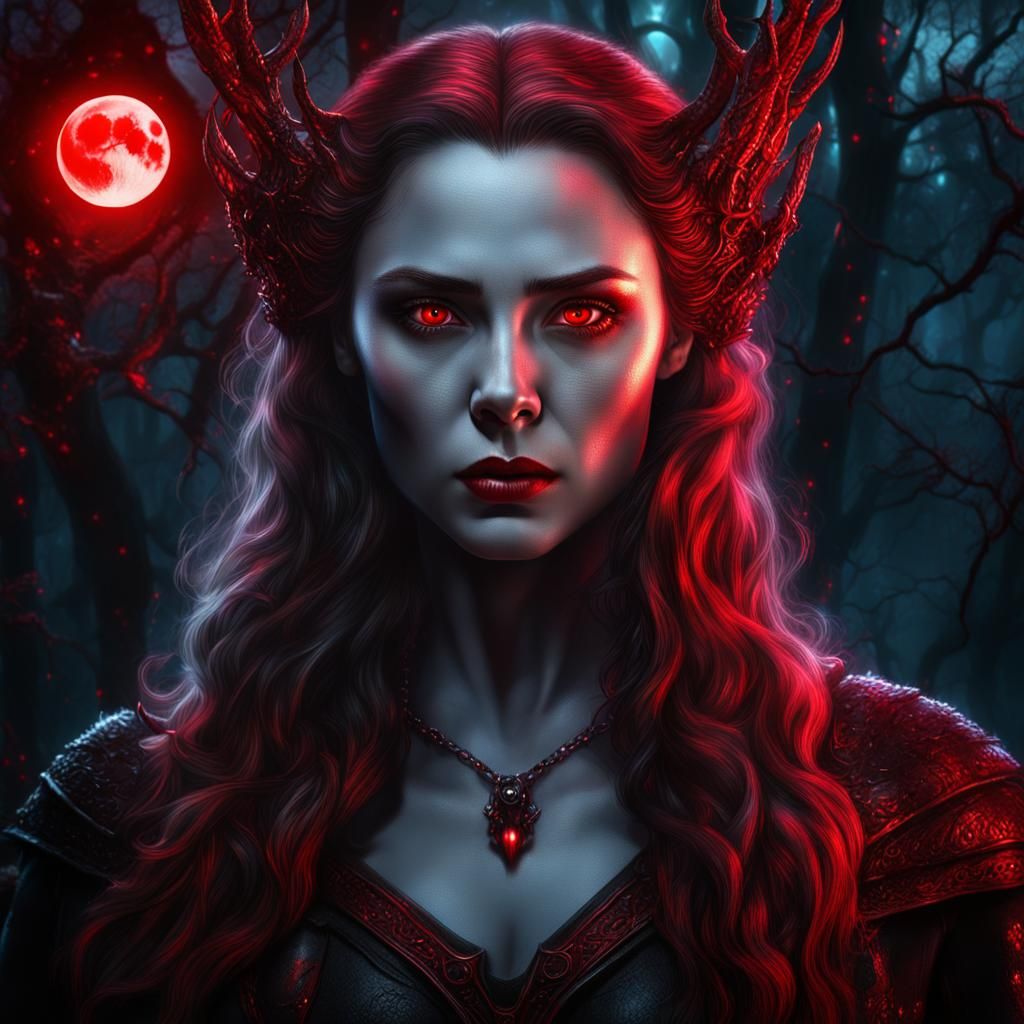 Photorealistic portrait of a majestic evil Scarlet Witch whit red ...