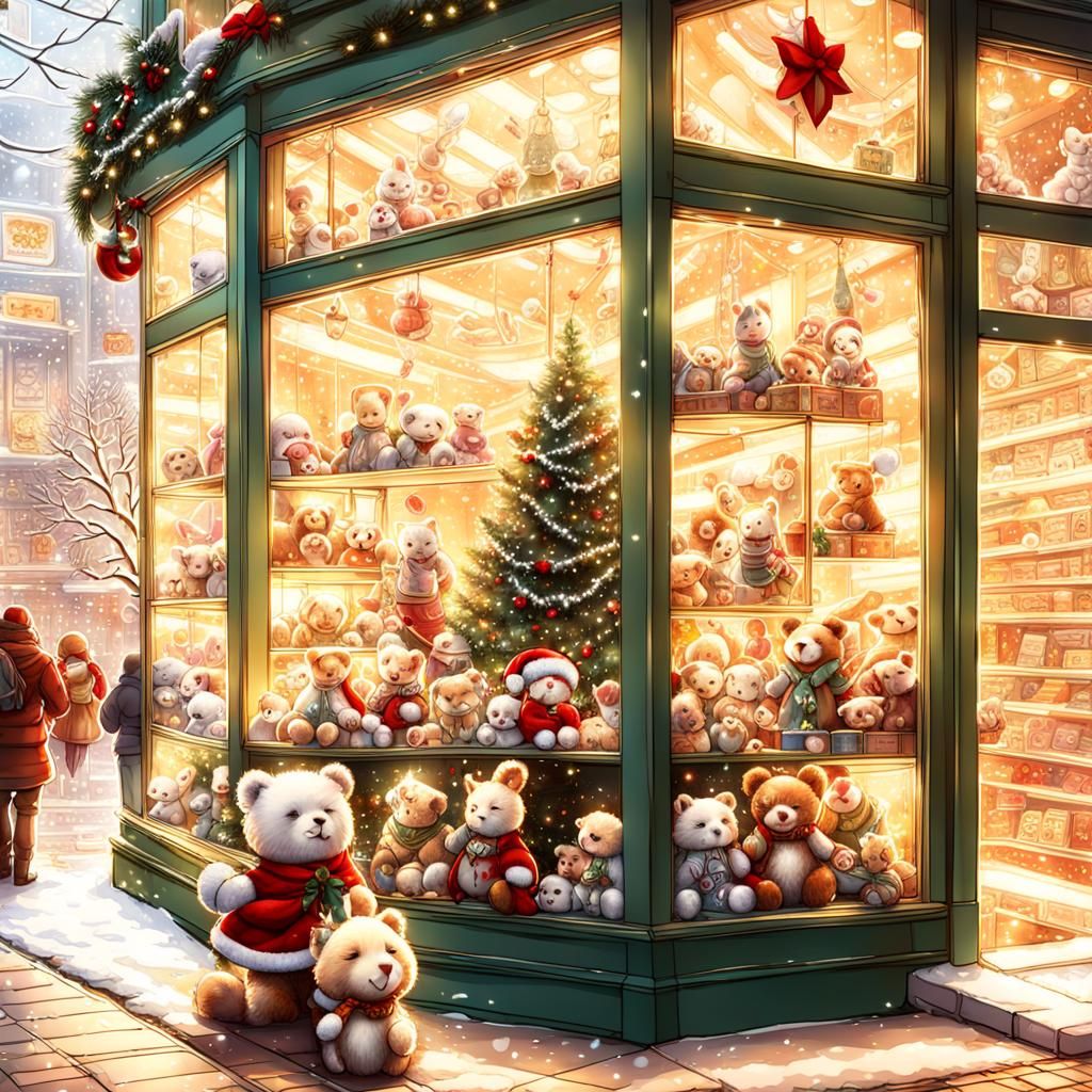 In the window of a toy store, stuffed animals and animated dolls play cards in a Christmas atmosphere ...  by @CloST 