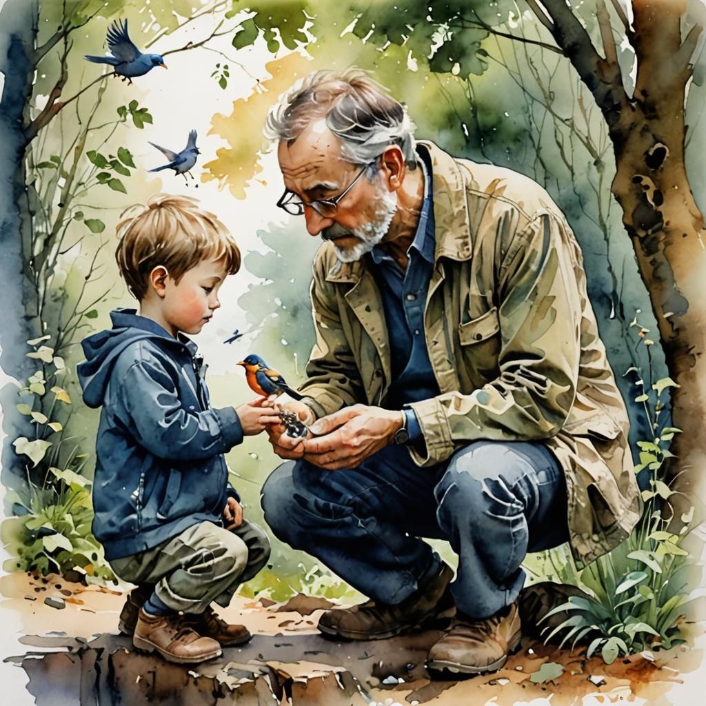 Watercolor illustration. the father explains nature to his cute little son and shows him a bird sitting ...  by @Jano