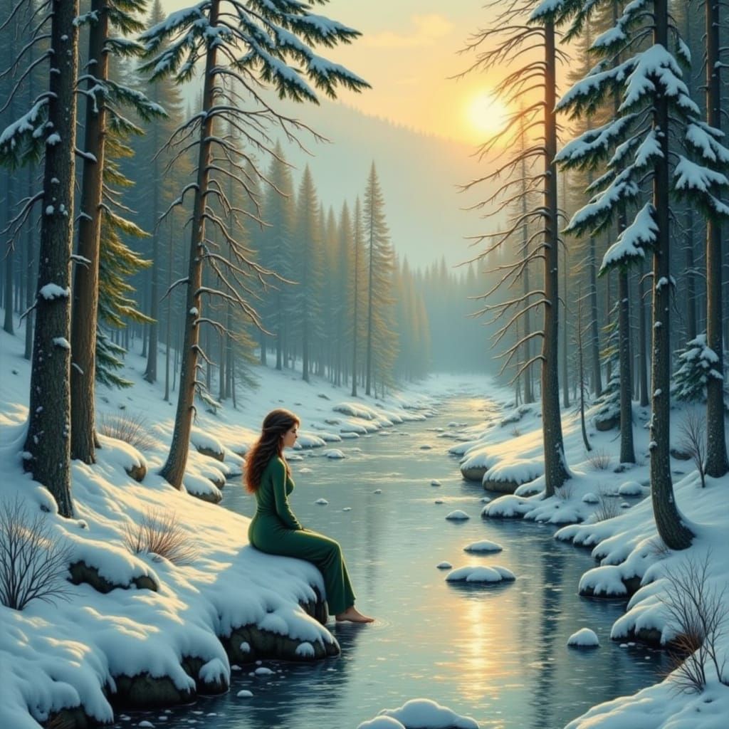 Ethereal Oil Painting of Woman by Frozen River