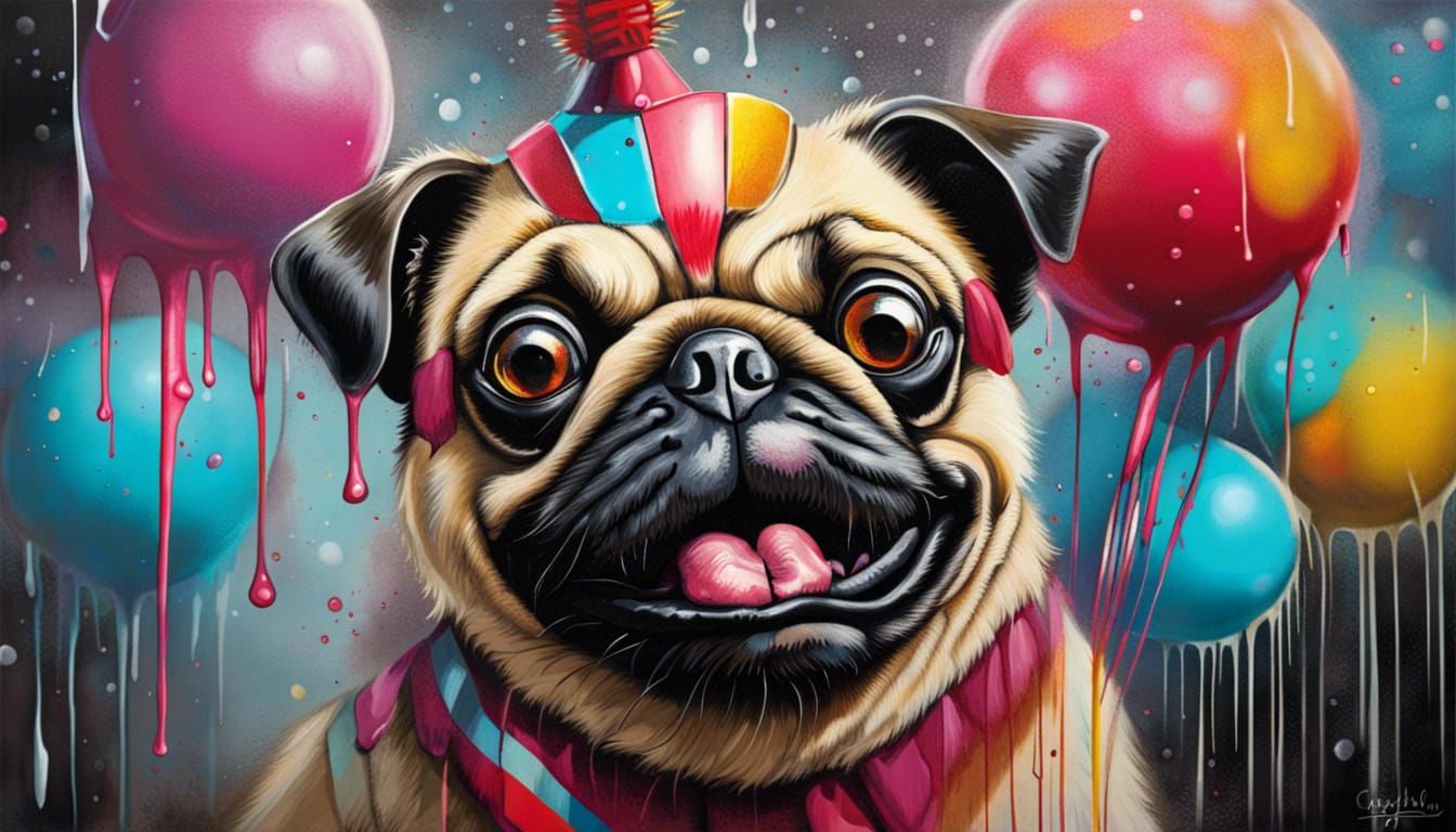clown pug creepy in haunted circus graffiti art, splash art,...
