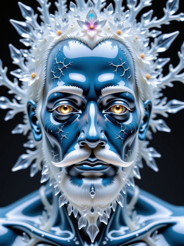 A Transparent crystal intelligent old-man, glowing blue and white cracks, with transparent black tears running down her crystal man-face,  a...