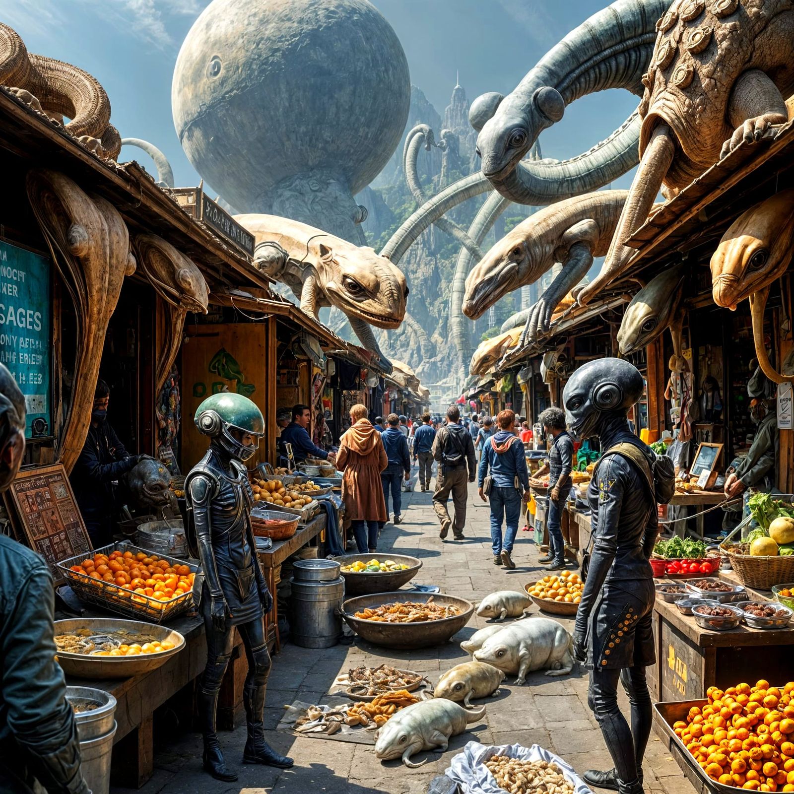 A street market on an alien planet with many different visiting aliens looking through booths set up ...  by @Dantonio
