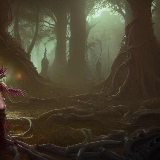 a dark witch sulking in the woods full of skulls
