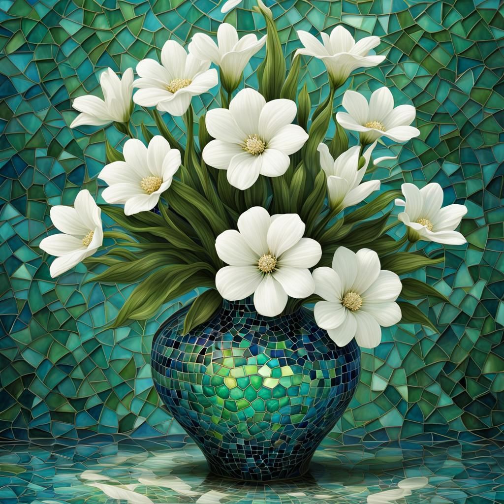 White mixed flower in a Blue green mosaic vase,round glass p...