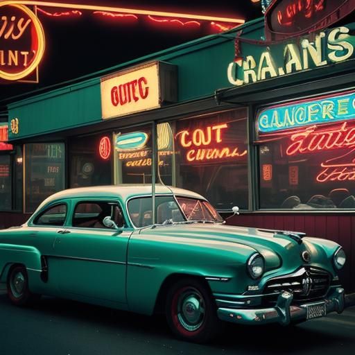 1950's street scene, classic cars parked in front of old din...