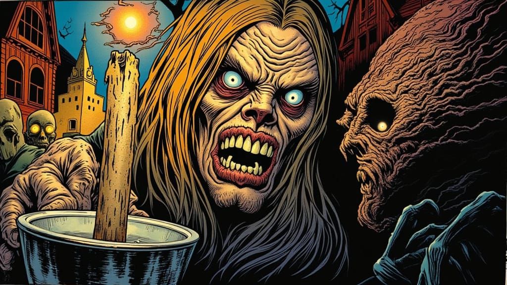 <lora:Creepshow:1.0> EC Comics-inspired horror scene, creepy atmosphere, vintage comic book aesthetic, reminiscent of Bernie Wrightson, Fran...