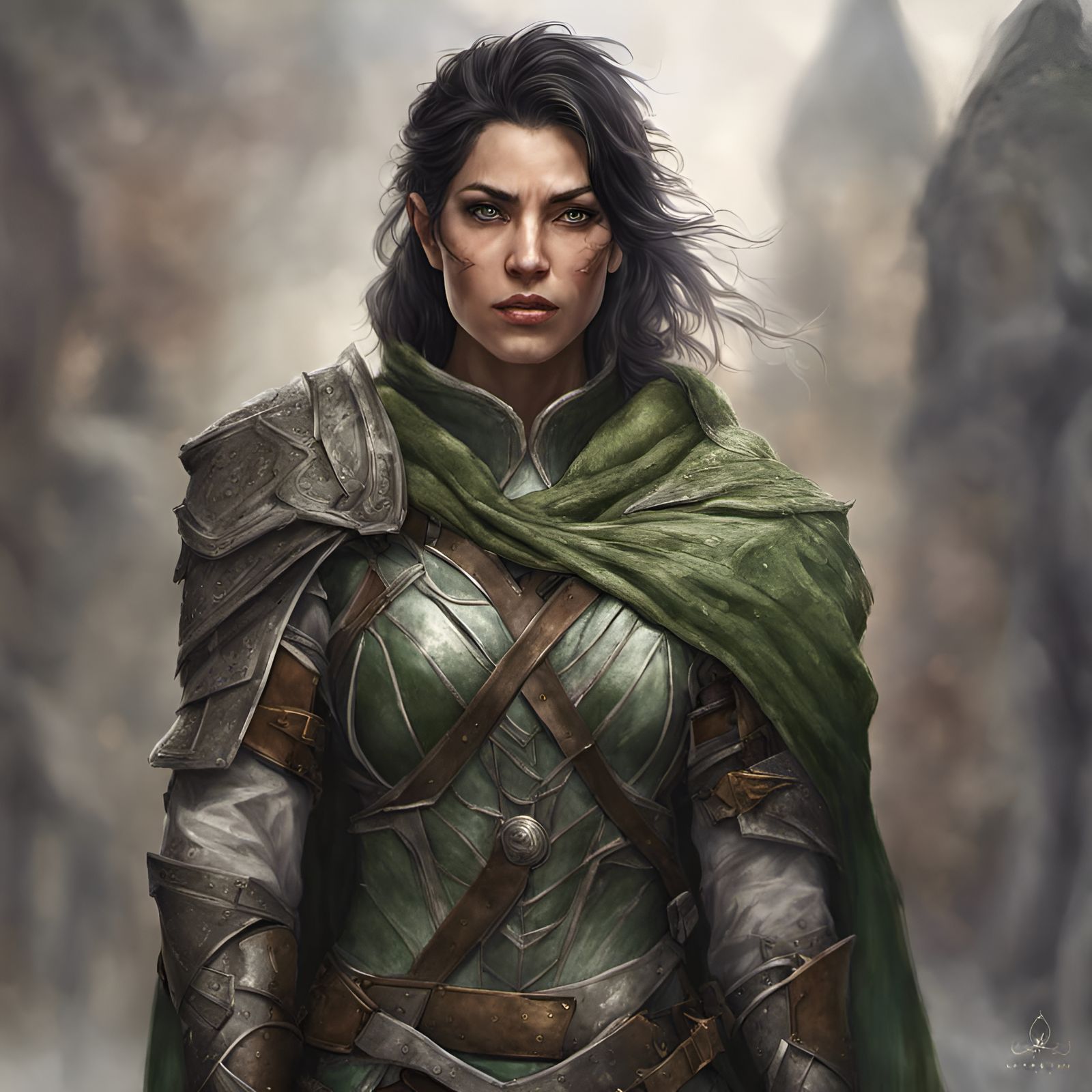 A rugged female elf paladin with dark hair, olive skin, and a livid ...