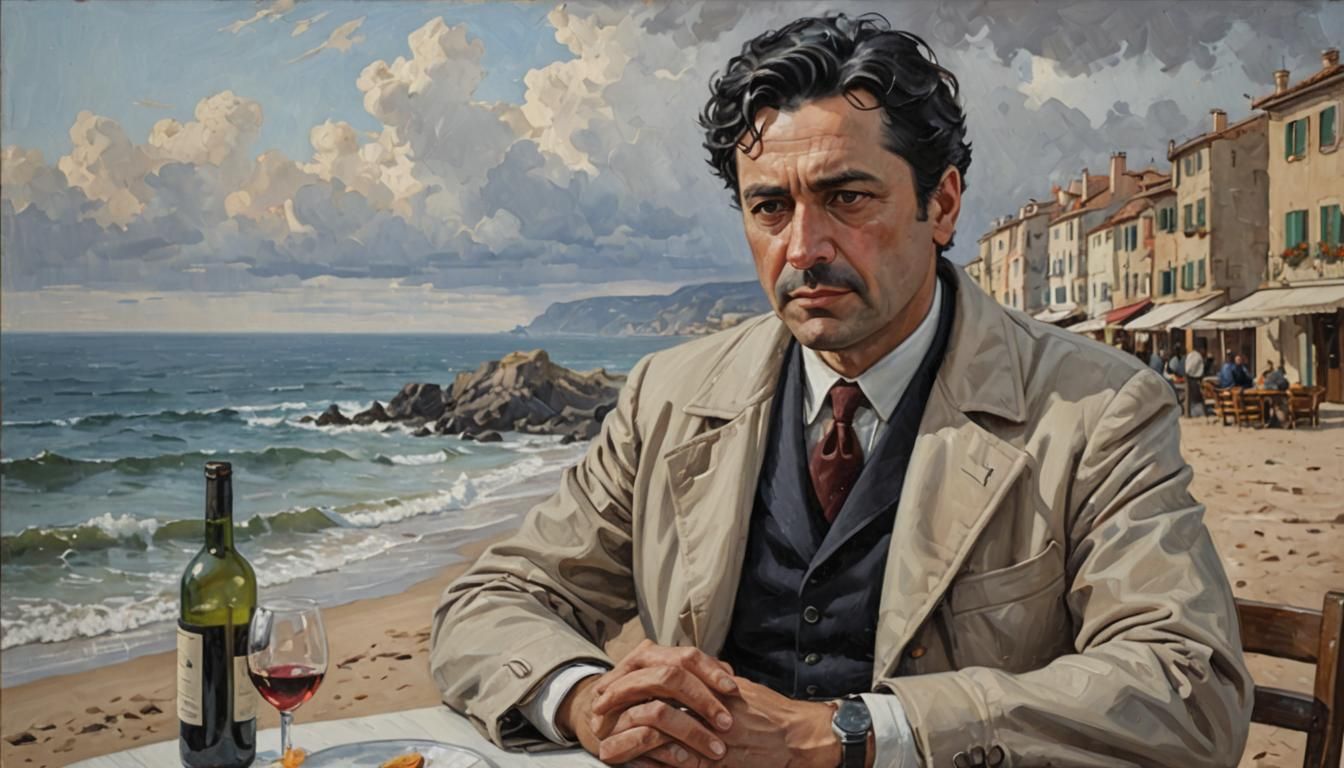 Imagine a small Italian restaurant on the seashore, where Inspector Colombo sits with a glass of wine in his hand, gazing thoughtfully out t...