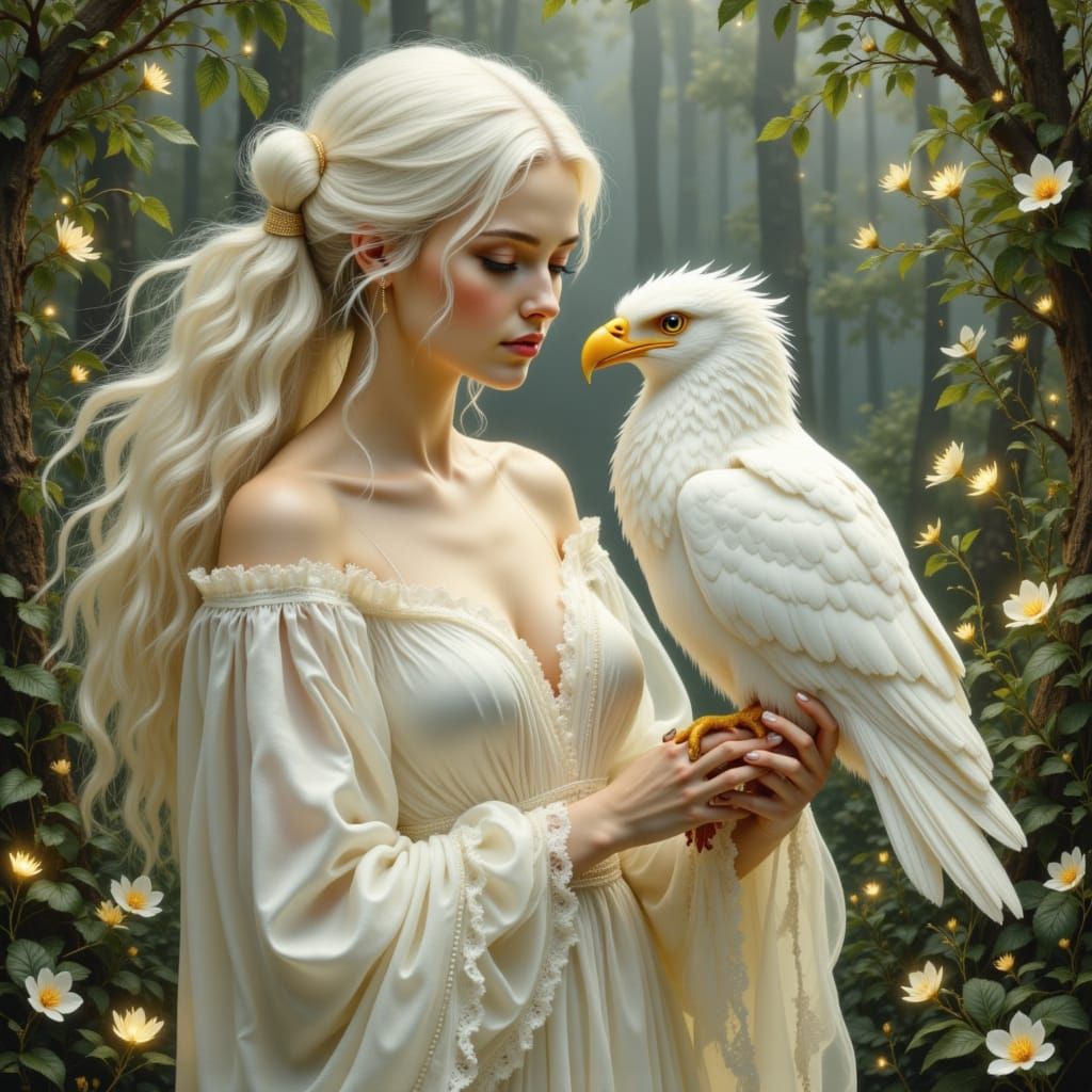 Beautiful goddess wearing white and white hair holding a white raptor bird  <lora:Magical Art Flux:1.0> <lora:Magical Flux:1.0> <lora:Magica...