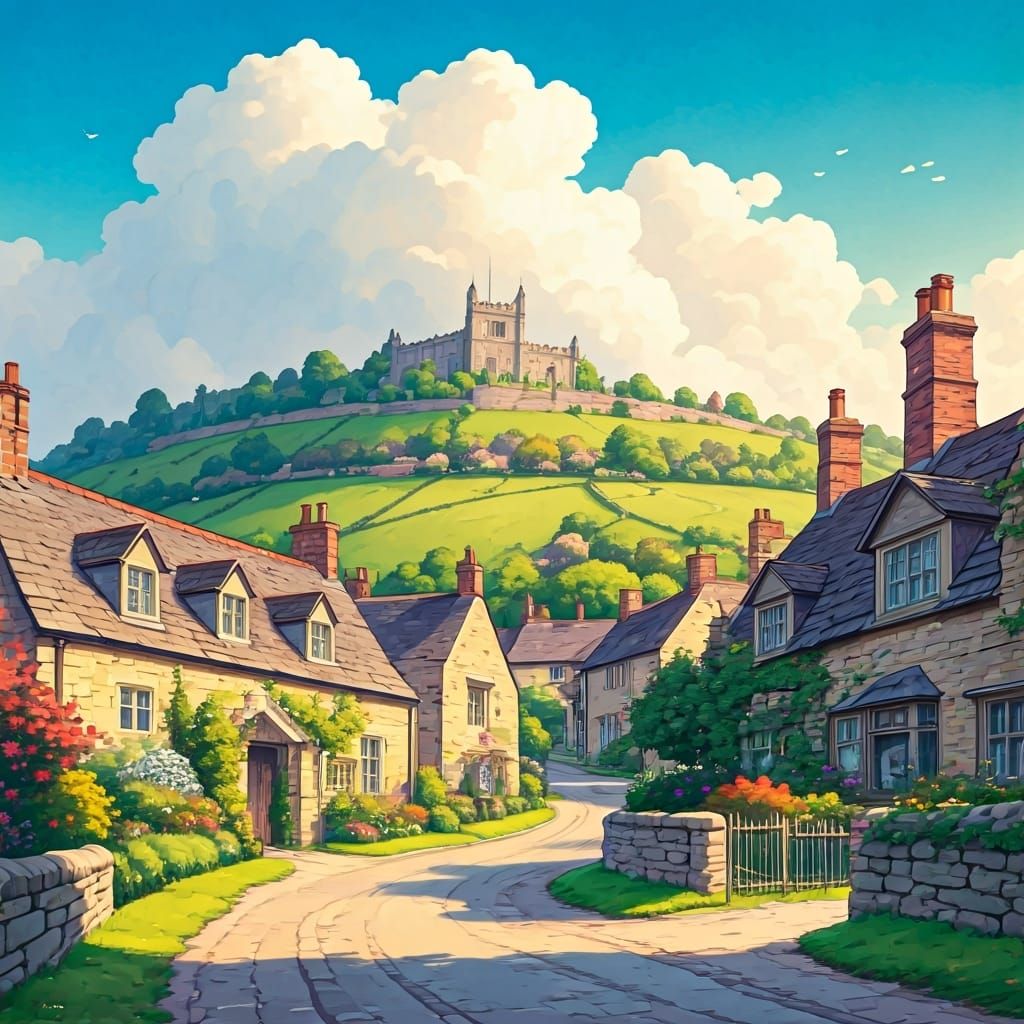 Pastoral English Village on Mountain in Watercolor