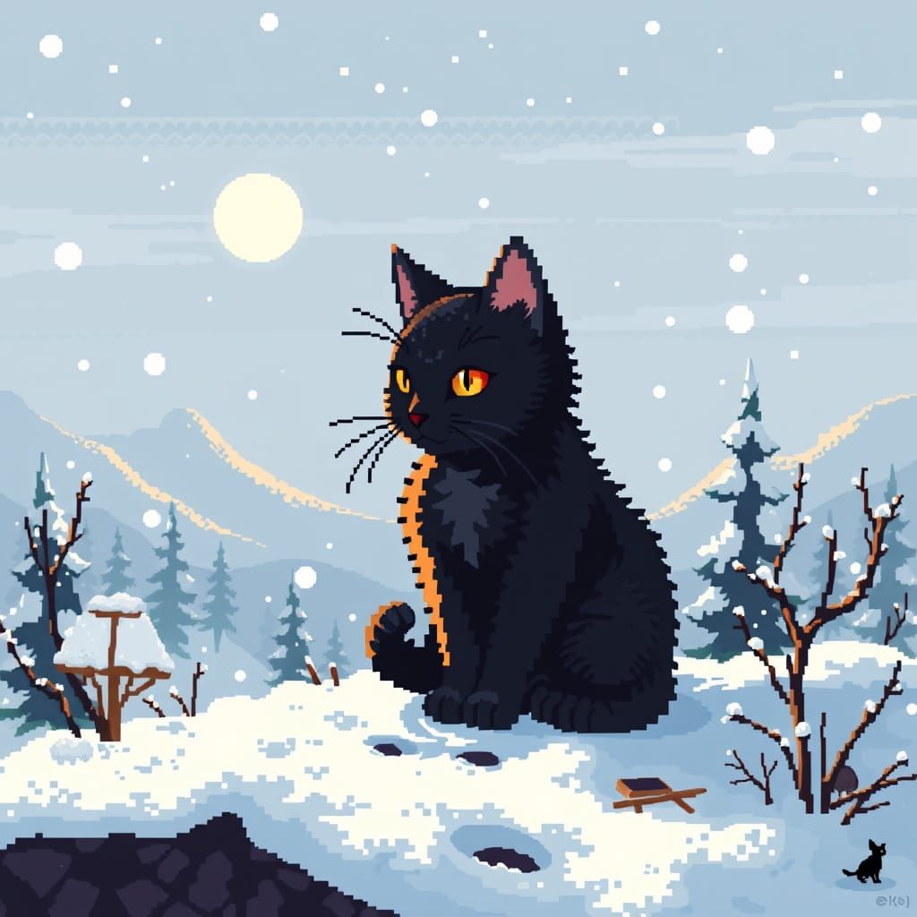 Pixel Rycerz with Feline Companion at Sunset
