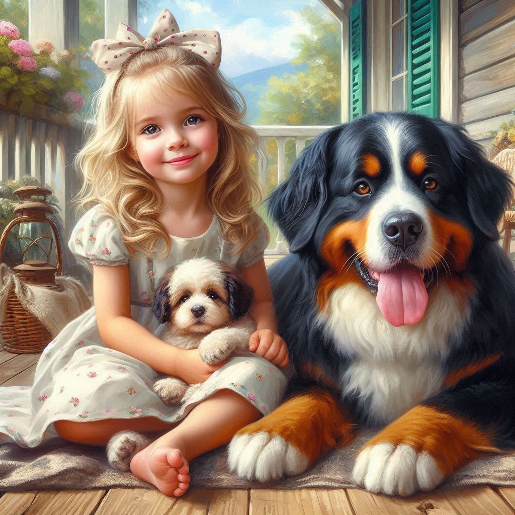little girl and her dogs