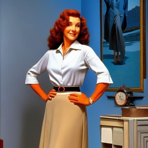 Office Attire, Gray Skirt With Belt, White Blouse, Long Curly Auburn 