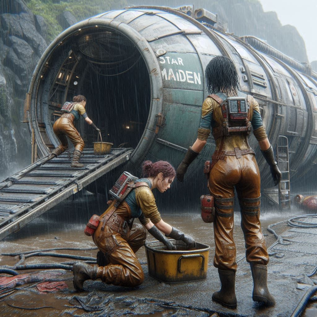 A few tired female workers are cleaning the exit ramp of an ...