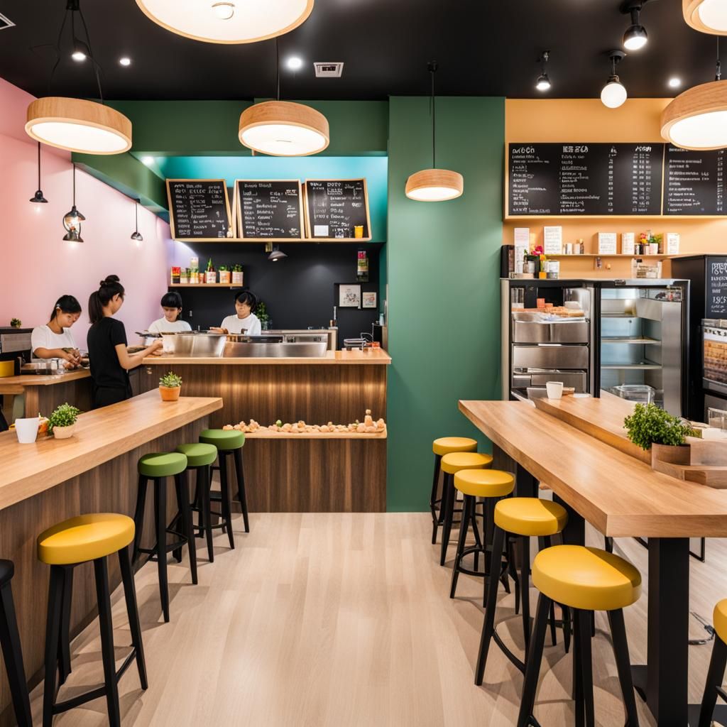 cute boba tea cafe inside with workers