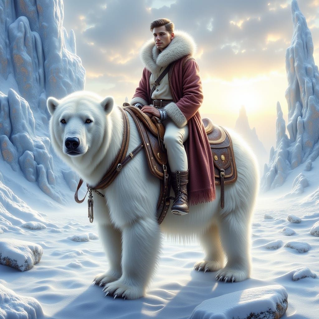 <lora:SumnerVision2:1.0> <lora:Exquisite Flux:1.0> Create a stunning, cinematic scene of a young man riding a magnificent polar bear across ...