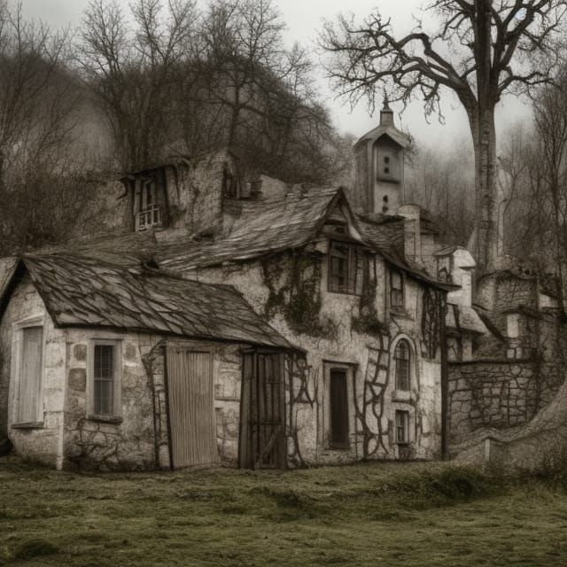 A hautins, atmospheric ghost town in the style of Tim Burton...