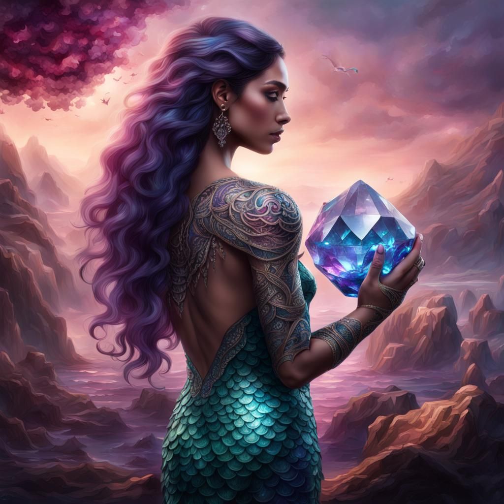 A woman with a large crystal tattoo on her body with scales ...