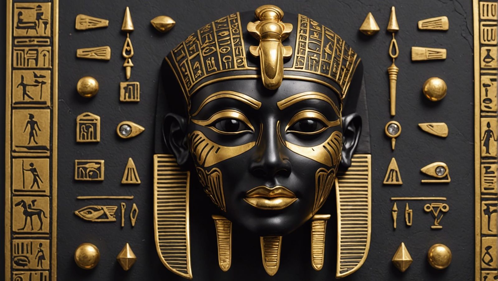 black face mask, with gold Egyptian hieroglyphs, a few gems on it, with ...