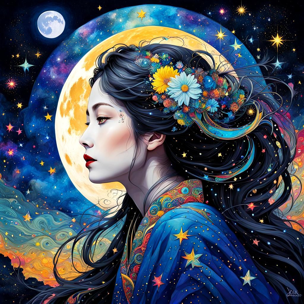 Magical Moon Goddess, Starry Night abstract expressionism, A...