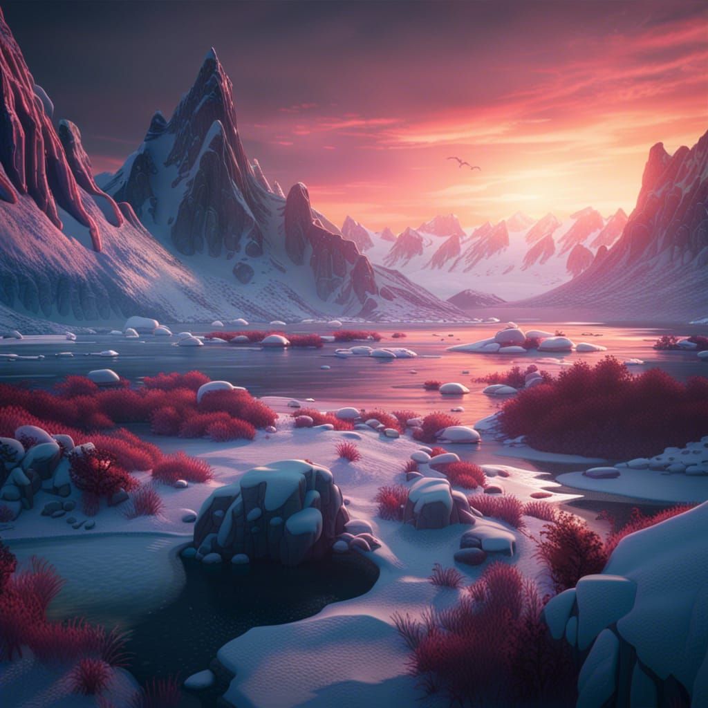 A snowy lovecraftian arctic landscape with sunset - AI Generated ...