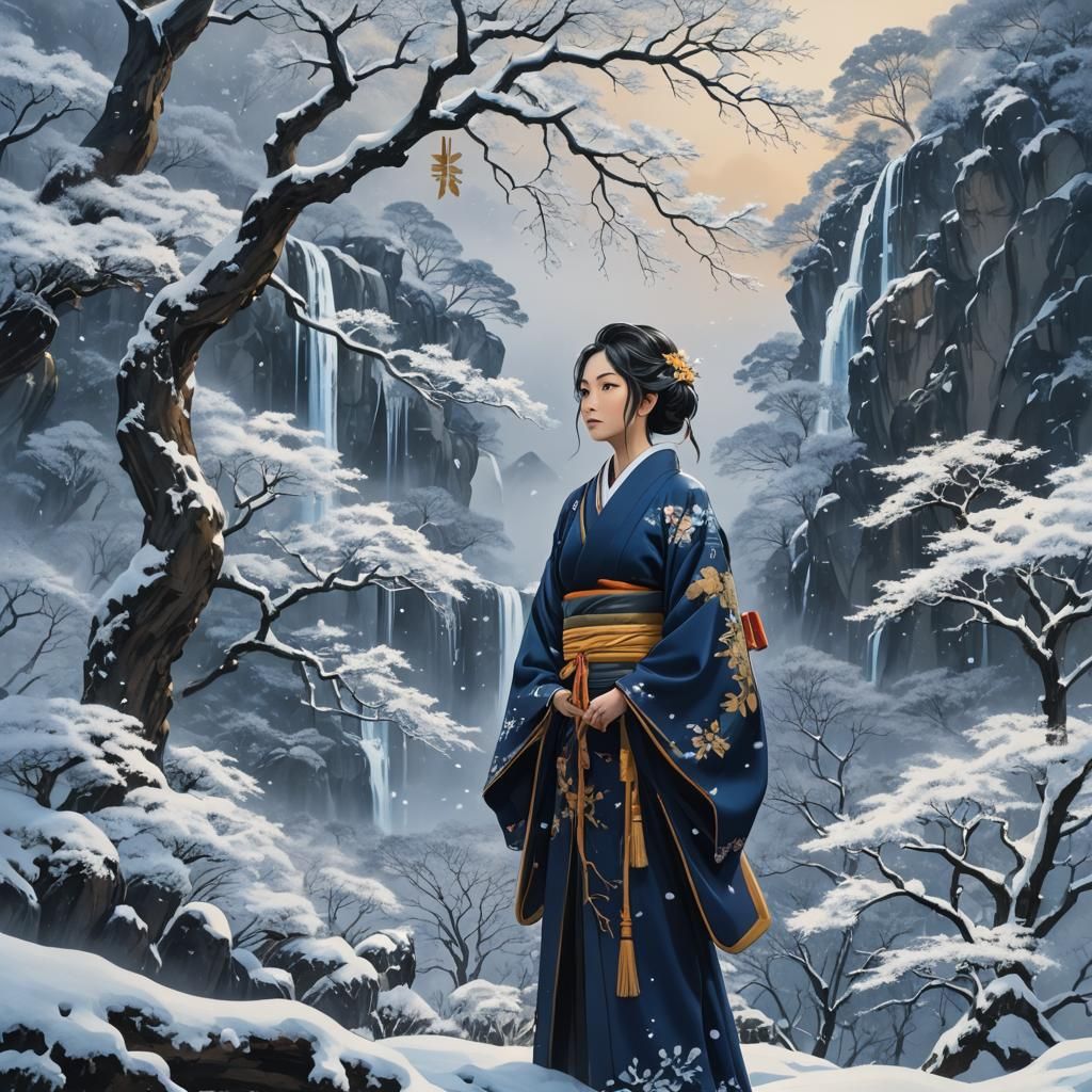 Snowy Forest Scene with Woman in Anime Style