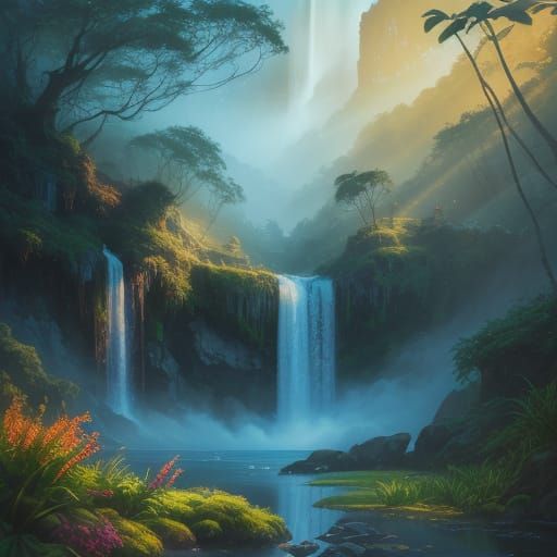 Glowing Waterfall with Rare Plants in Oil Painting Style