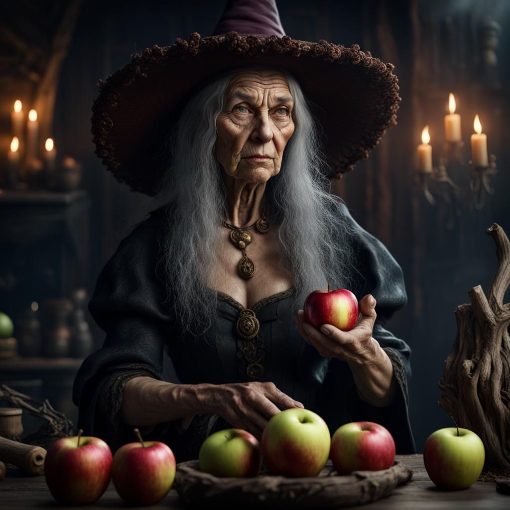 An ultrarealistic photo of an old witch holding an apple, 8k...